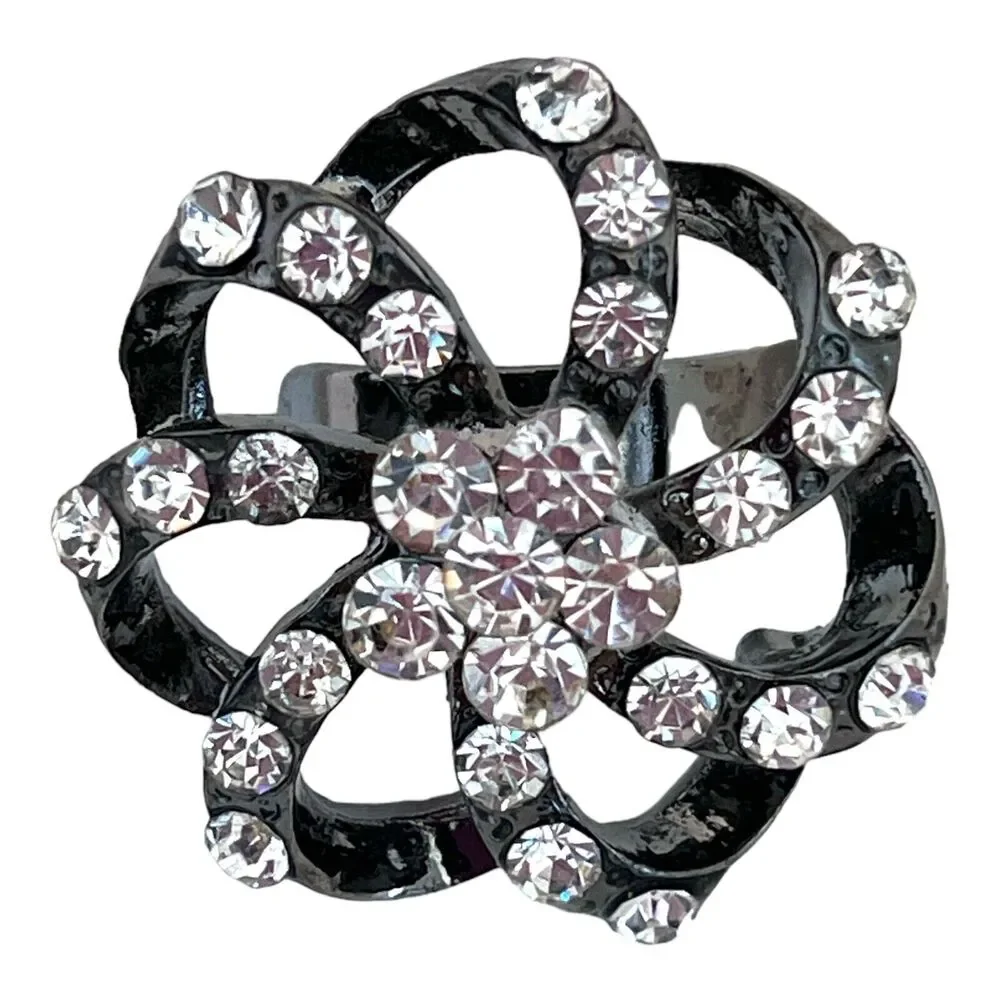 New Statement Ring Clear Crystals Hematite Tone Adjustable - 5W